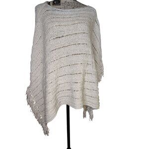 Lauren Ralph Lauren L/XL White Open Knit Poncho Sweater, Fringe Boho Spring